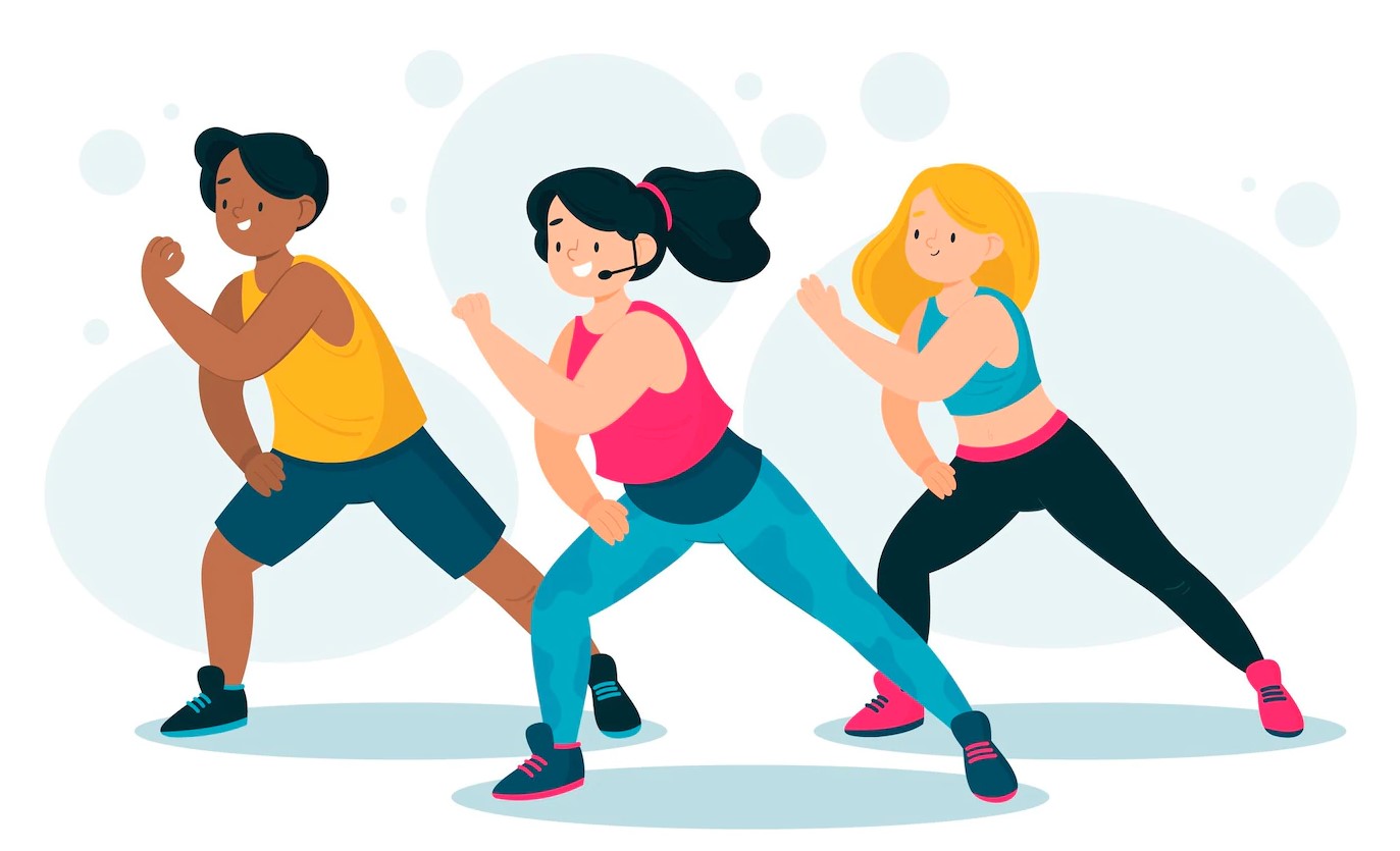 Illustration of three people dancing in a Zumba class.